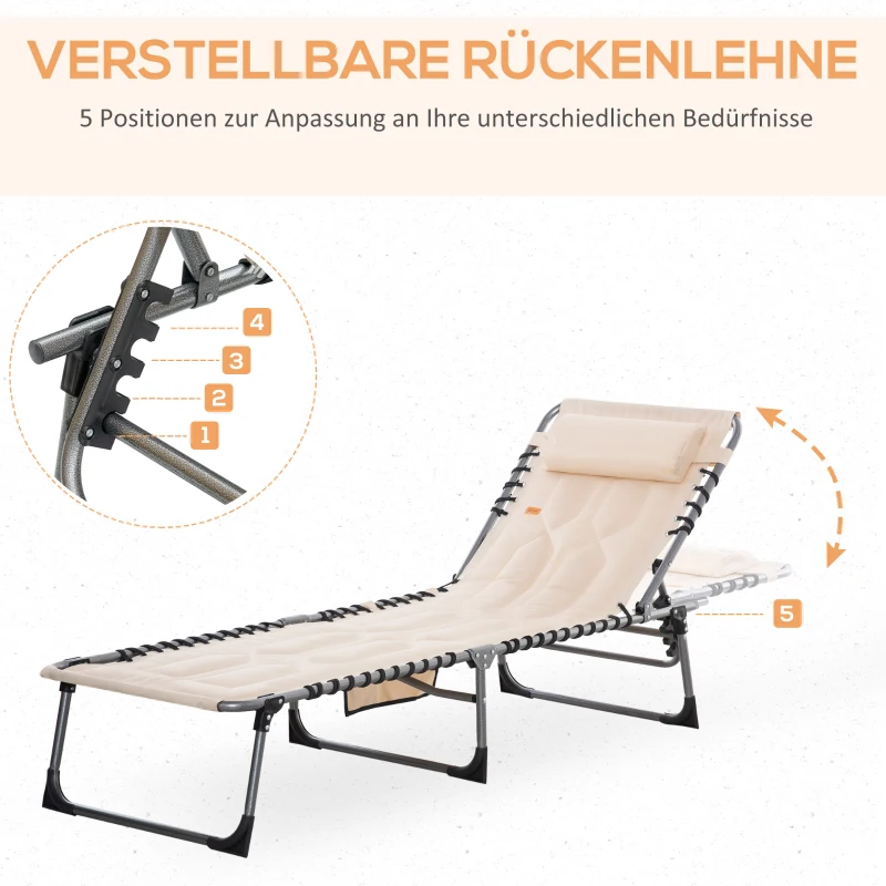 Outsunny Zonneligstoel, Opvouwbare Tuinligstoel, Klapligstoel met Kussen, 5-standen Rugleuning, Oxford-stof, 188 x 57 x 30 cm, Beige