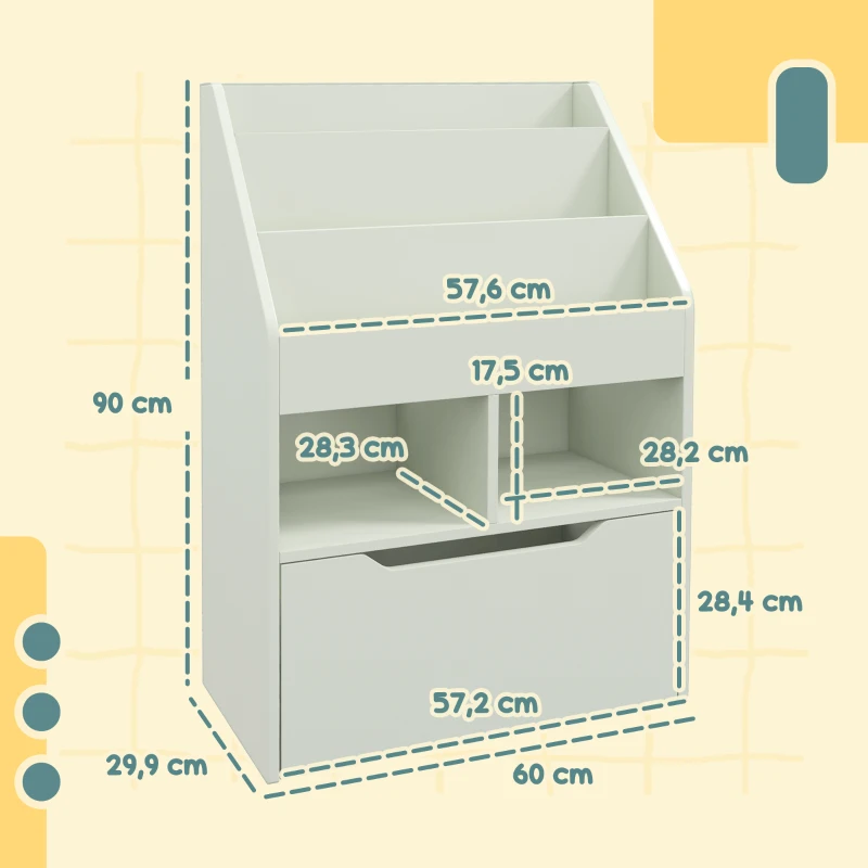 HOMCOM Estantería Infantil de Madera con 3 Compartimentos 2 Cubos y Cajón Móvil con 4 Ruedas 60x29,9x90 cm Verde