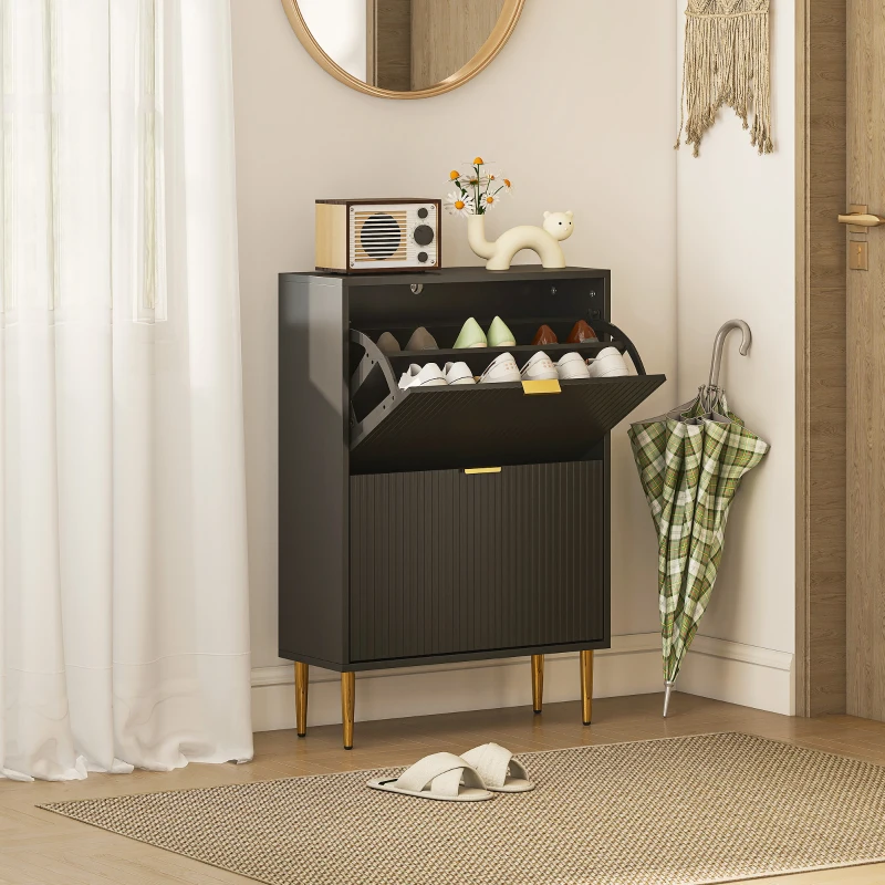 HOMCOM Meuble à chaussures 12 paires avec 2 tiroirs rabattables, portes cannelées et étagères réglables, 60x24x91,5cm, noir