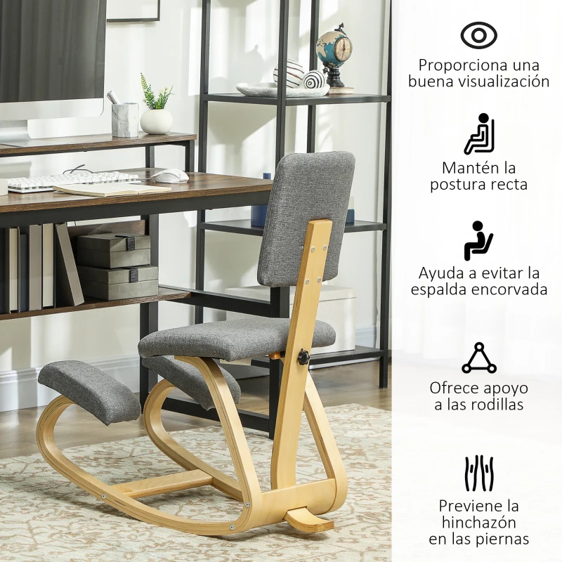 HOMCOM Silla Ergonómica de Rodillas con Respaldo Cojines Acolchados Marco de Madera para una Mejor Postura Oficina Gris