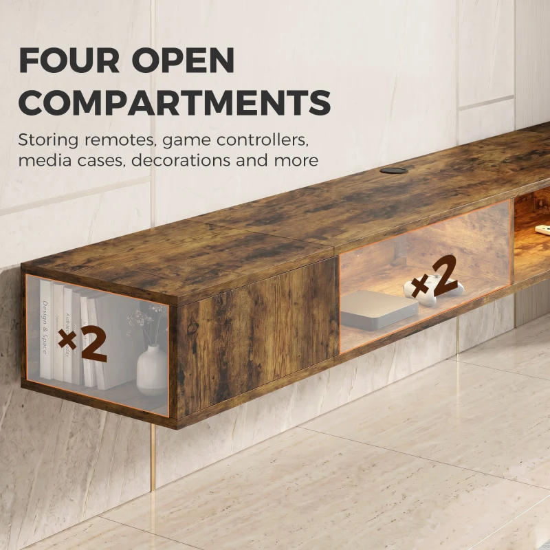 HOMCOM Wall Mounted TV Stand with RGB LED Lights, Floating Entertainment Centre for 75 Inch TV, Rustic Brown