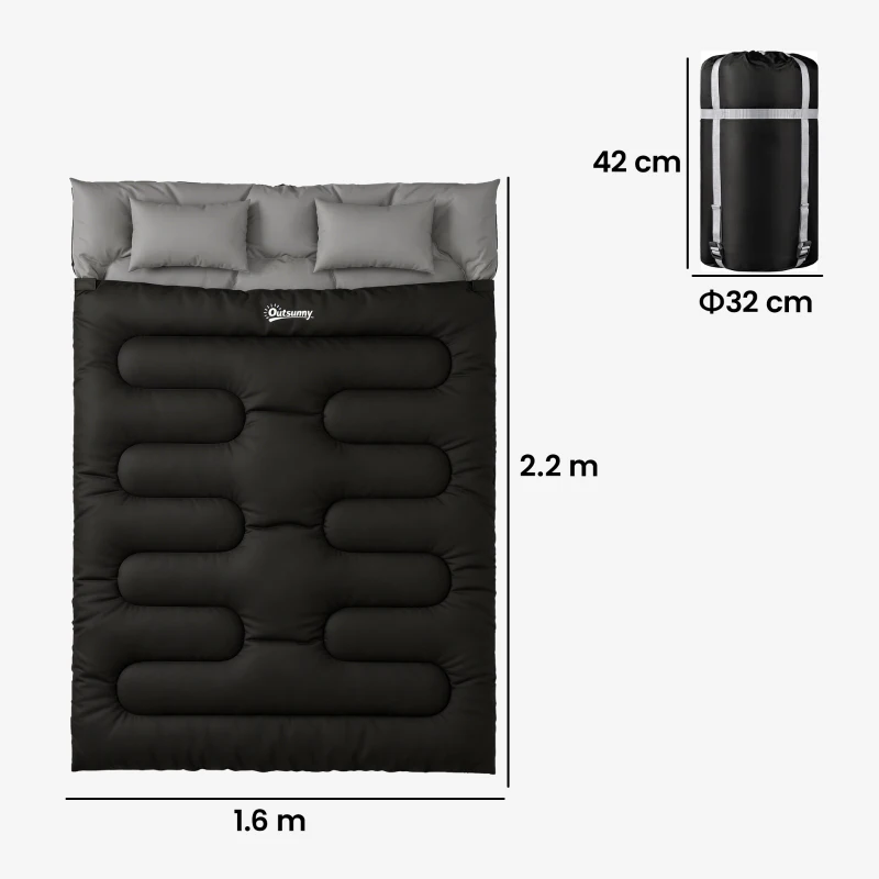 Outsunny Double Sleeping Bag with 2 Pillows, 220 x 160 cm Extra-Large Sleeping Bag for Adults, Black