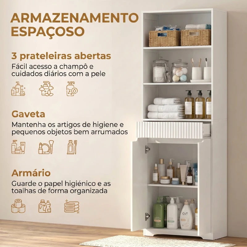HOMCOM Armário Alto de Casa de Banho, Armário Estreito com 3 Prateleiras Abertas, Gaveta Canelada, Prateleira Ajustável, Branco