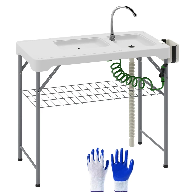 Outsunny Folding Fish Cleaning Table with Sinks, Portable Camping Sink Table with Faucet, Drainage Hose
