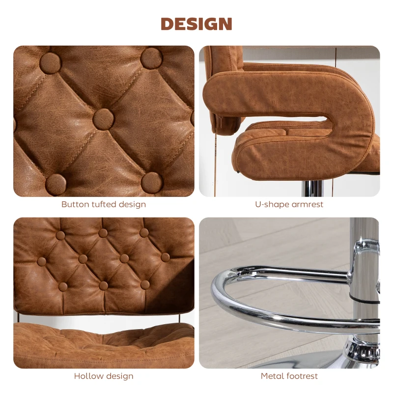 HOMCOM PU Leather Upholstered Swivel Bar Stool, Height Adjustable with Back, Armrest, Footrest, Brown