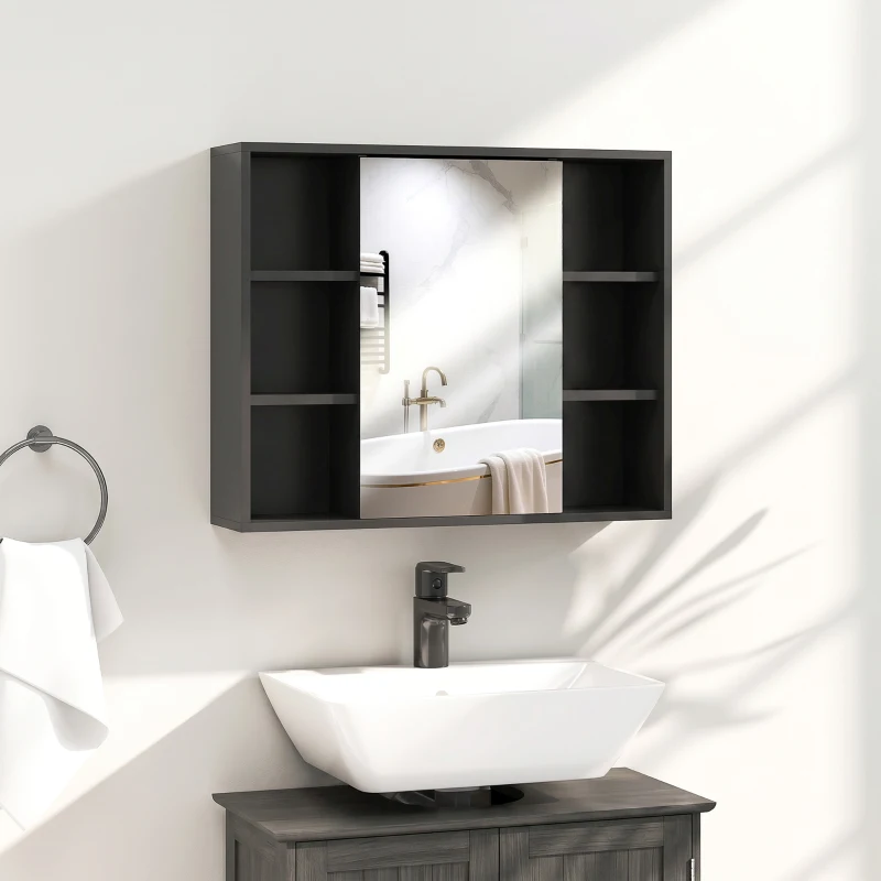HOMCOM Meuble salle de bain avec miroir, placard à portes et 6 compartiments ouverts, 60 x 14,5 x 49,4 cm, noir