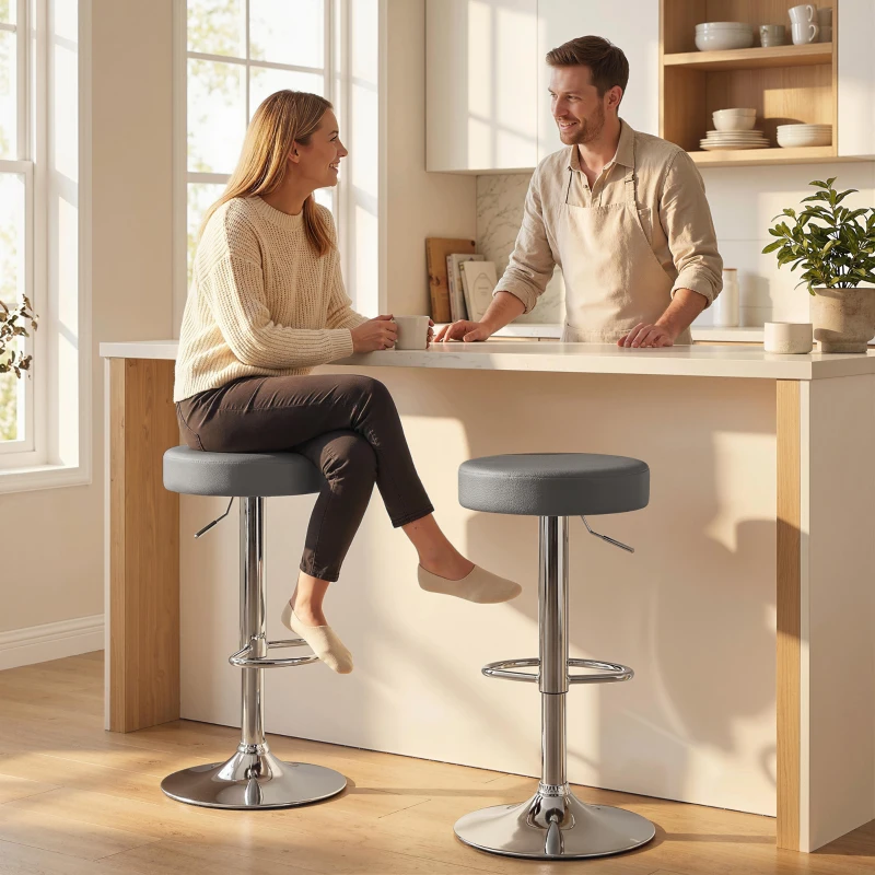 HOMCOM Bar Stools Set of 2, Modern PU Leather Swivel Barstools, Height Adjustable Breakfast Bar Chairs with Footrest, Grey