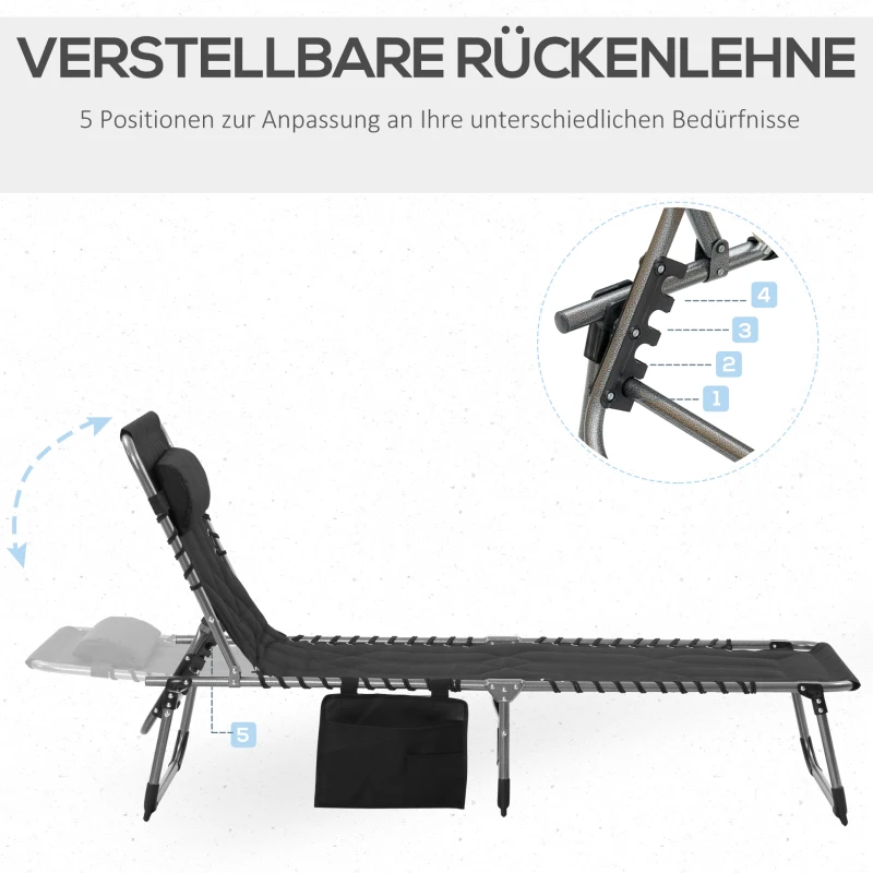 Outsunny opvouwbaar ligbed tuin ligbed met kussen tuin 5-traps verstelbare rugleuning staal Oxford stof zwart 188 x 57 x 30 cm