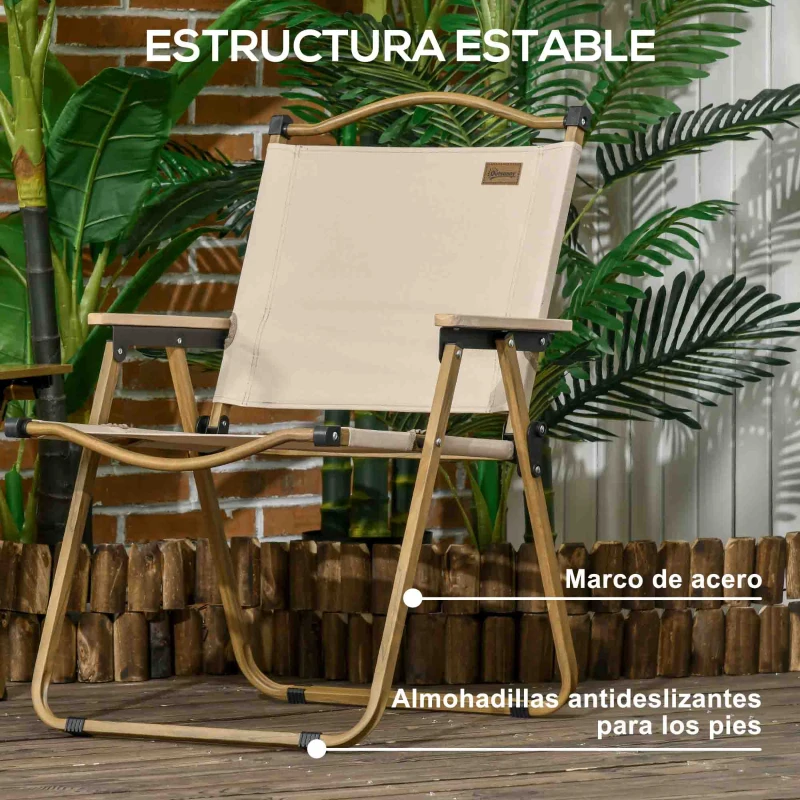 Outsunny Set 2 Sillas de Jardín Plegables con Reposabrazos Sillas para Camping y Playa en Tela Oxford y Acero 54x59x78 cm Caqui