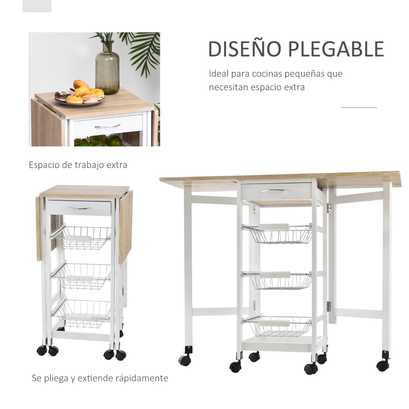 HOMCOM Carrito Auxiliar Plegable Carrito de Cocina con 6 Ruedas 1 Cajón y 3 Cesta de Metal 97,2x37x77,5 cm Blanco y Roble