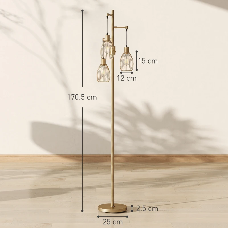 HOMCOM 170.5cm Industrial Dimmable Standing Lamp, 3-Light Floor Lamp with Steel Wire Cage Lampshades, Gold Tone