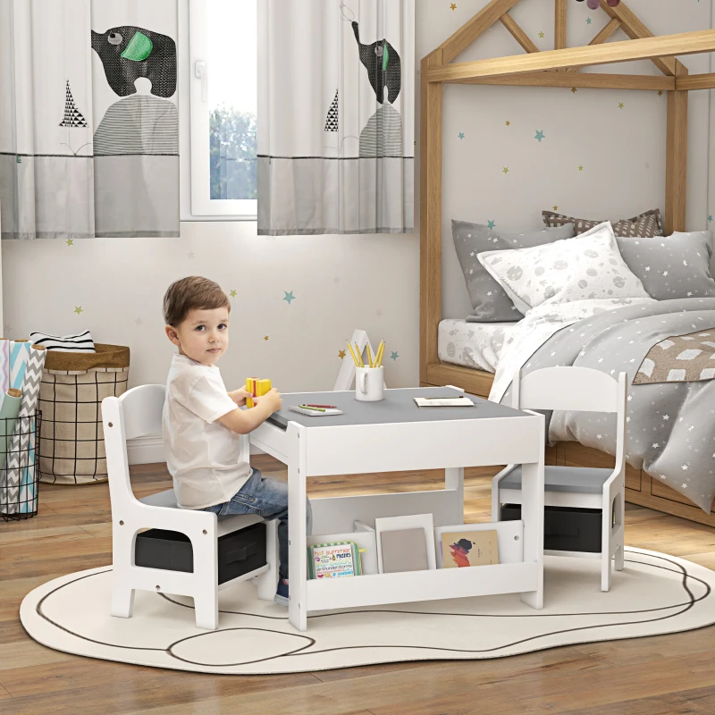HOMCOM Juego de Mesa con Sillas para Niños 3 en 1 con Pizarra Cajones de Tela y Espacio de Almacenamiento Blanco y Gris