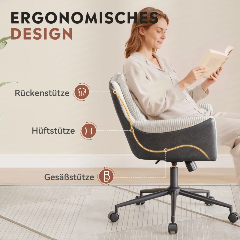 Homeoffice- und Schminkstuhl, höhenverstellbar, 360° drehbar, leise Rollen, 56x44.5x81 cm, Weiß