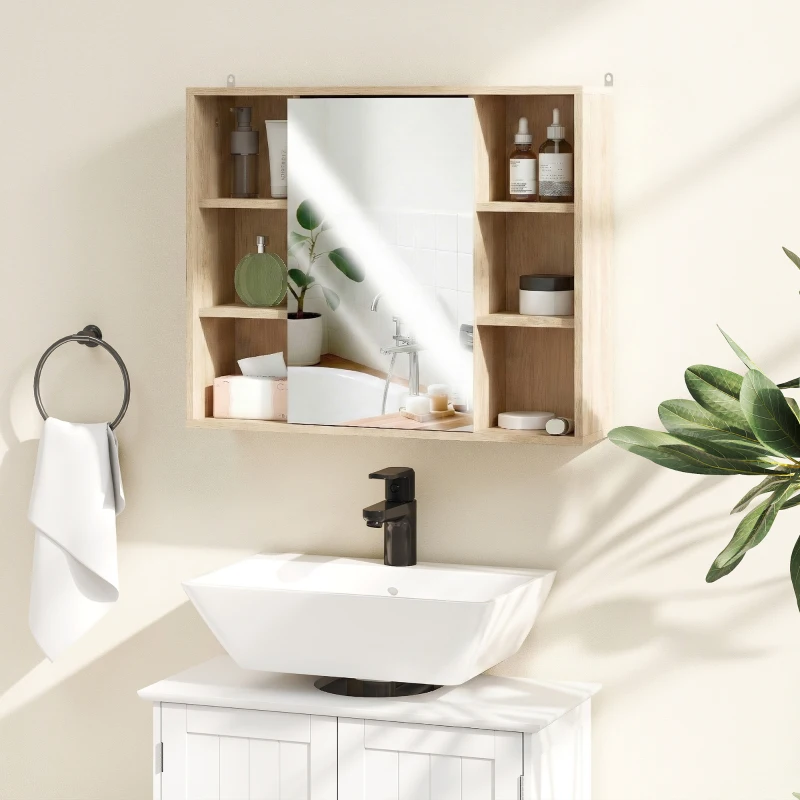 HOMCOM Meuble salle de bain avec miroir, placard à portes et 6 compartiments ouverts, 60 x 14,5 x 49,4 cm, bois naturel