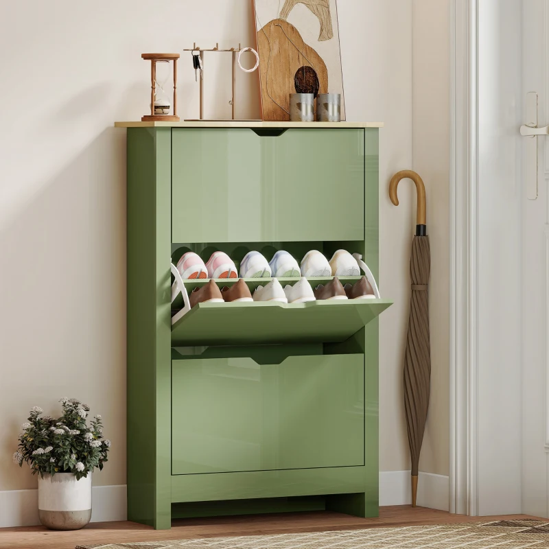 HOMCOM Slim Shoe Cabinet, Narrow Shoe Cupboard with 3 Flip Drawers, Adjustable Shelves for 18 Pairs of Shoes, High Gloss Green