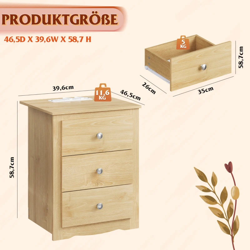 Nachttisch mit 3 Schubladen, integrierte Ladestation, modernes rustikales Design, 46.5x39.6x58.7 cm, Hell-Eiche
