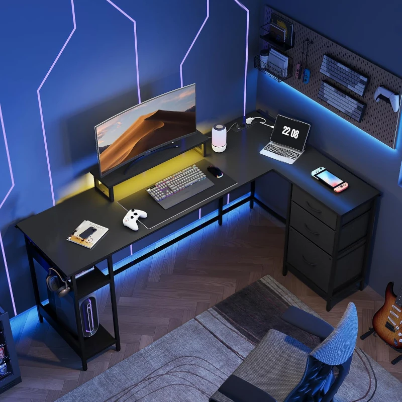 L-förmiger Eckschreibtisch, app‑steuerbare LED und integrierte Stromstation, 167.5x50x87.5 cm, Schwarz