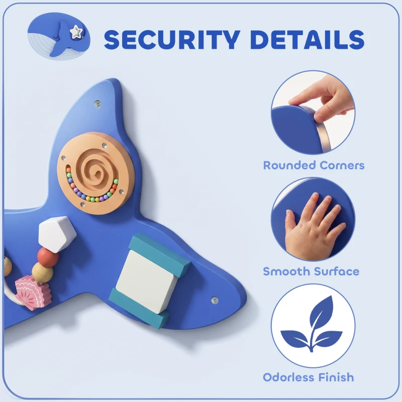 AIYAPLAY Whale Activity Wall Busy Board, 13 in 1 Montessori Inspired Sensory Wall Panel for Playroom Nursery Boys Girls 2+, Blue