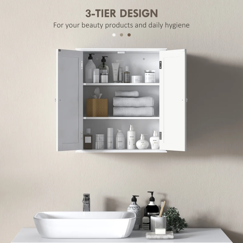 HOMCOM Bathroom Wall Cabinet, 3-Tier Wall-Mounted Bathroom Storage Cabinet with Adjustable Shelf, White