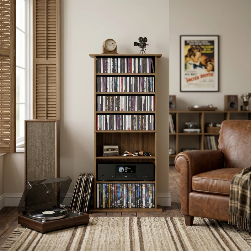 HOMCOM Depozitare pentru CD și DVD cu 8 compartimente și 6 rafturi reglabile, capacitate max. 360 CD/185 DVD și Blu-ray, nuc