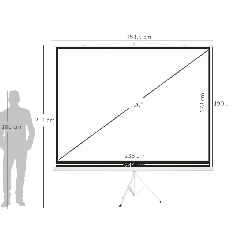 HOMCOM Pantalla de Proyector Manual 120 Pulgadas Pantalla de Proyección Formato 4:3 con Altura Ajustable 244x183 cm Blanco