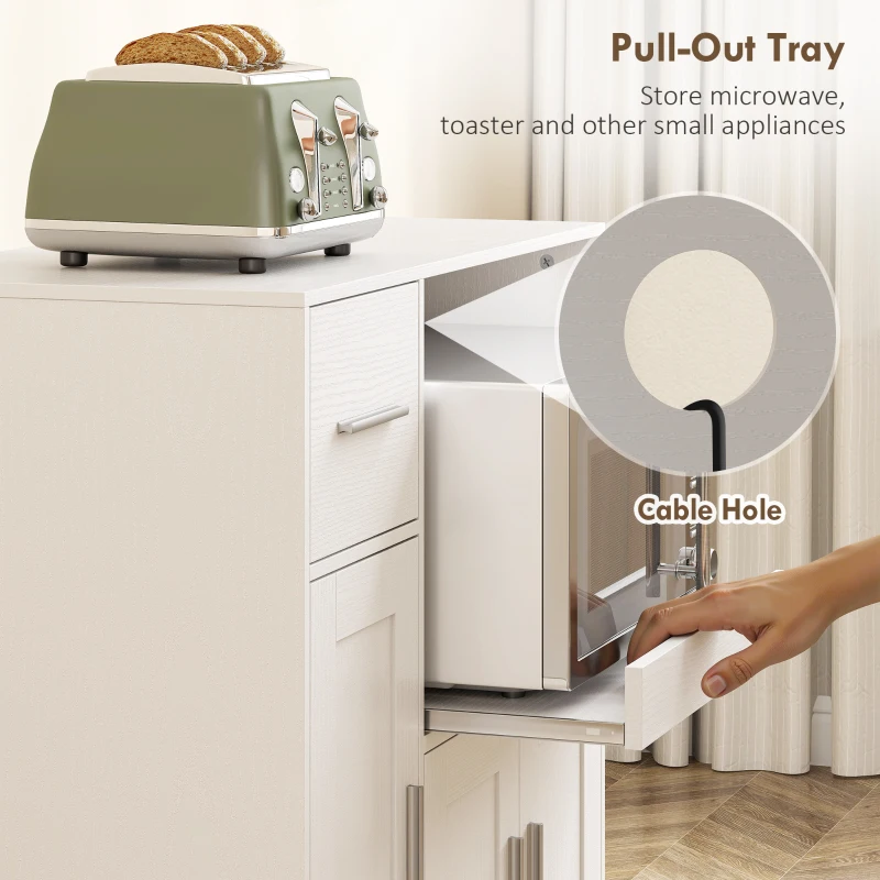 HOMCOM Rolling Kitchen Cart, Microwave Cabinet with Sliding Tray, Drawer, 3-Door Cupboards, Adjustable Shelf, White