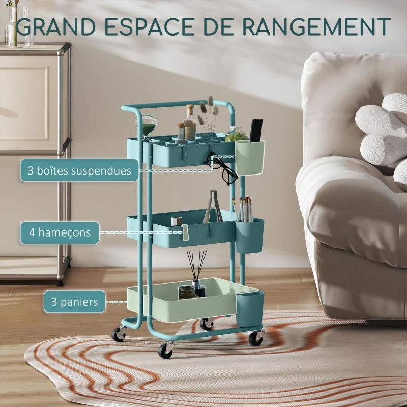 HOMCOM Chariot à 3 niveaux desserte avec 4 crochets et 3 boîtes suspendues amovibles pour 42 x 38 x 86,5 cm bleu-vert