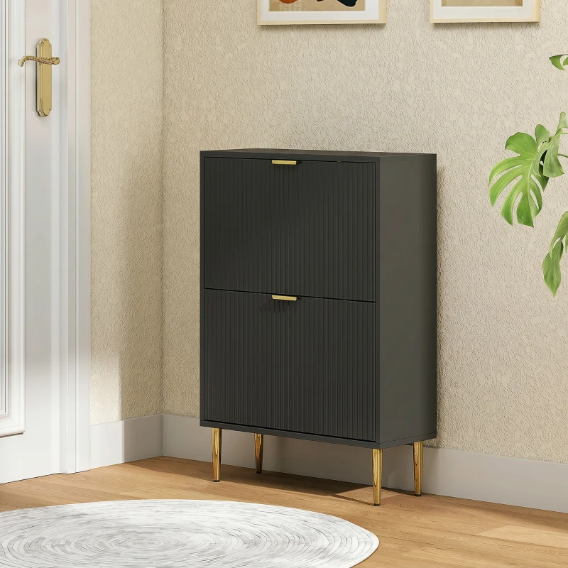 HOMCOM Meuble à chaussures 12 paires avec 2 tiroirs rabattables, portes cannelées et étagères réglables, 60x24x91,5cm, noir