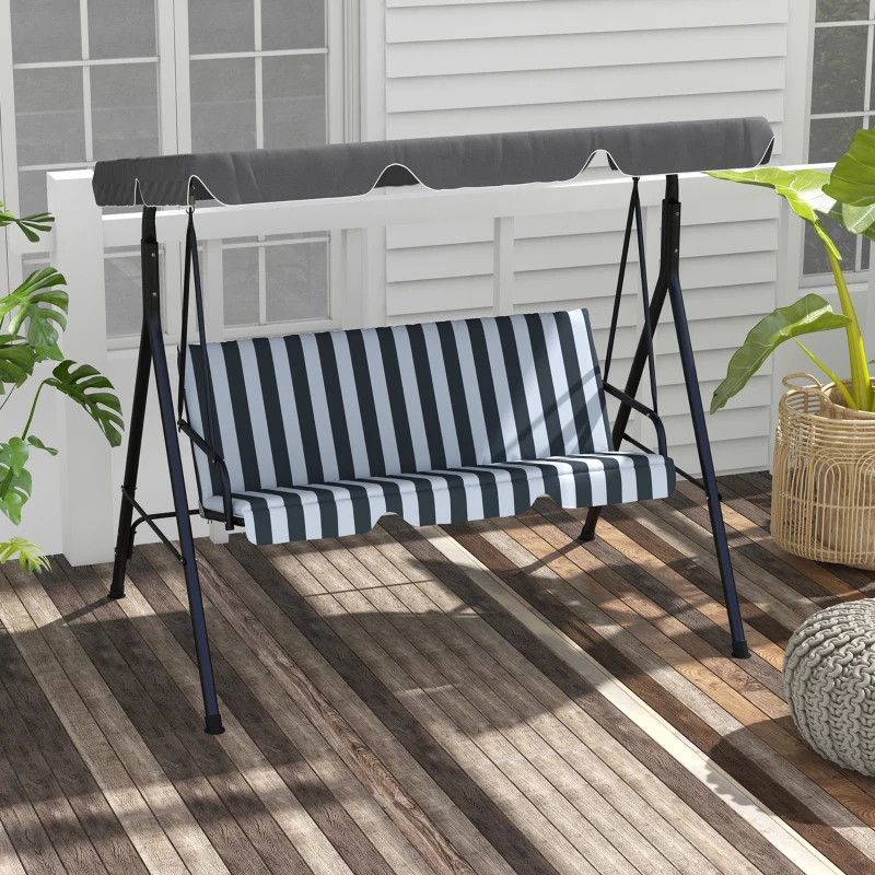 Outsunny Balancín de Jardín Exterior Columpio de 3 Plazas con Toldo Ajustable y Marco de Acero 172x110x153 cm Gris y Blanco