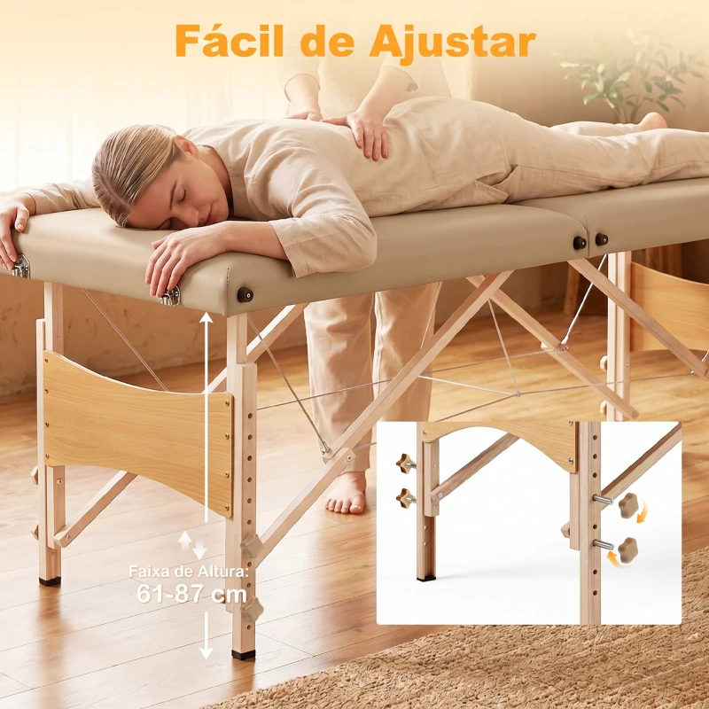 HOMCOM Marquesa de Massagem Dobrável com Estrutura em Madeira Altura Ajustável e Bolsa de Transporte 186x60x61-87 cm Castanho