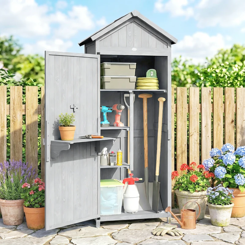 Outsunny Casetta In Legno, 77x52.5x178cm, Armadio con Banco Lavoro Ribaltabile