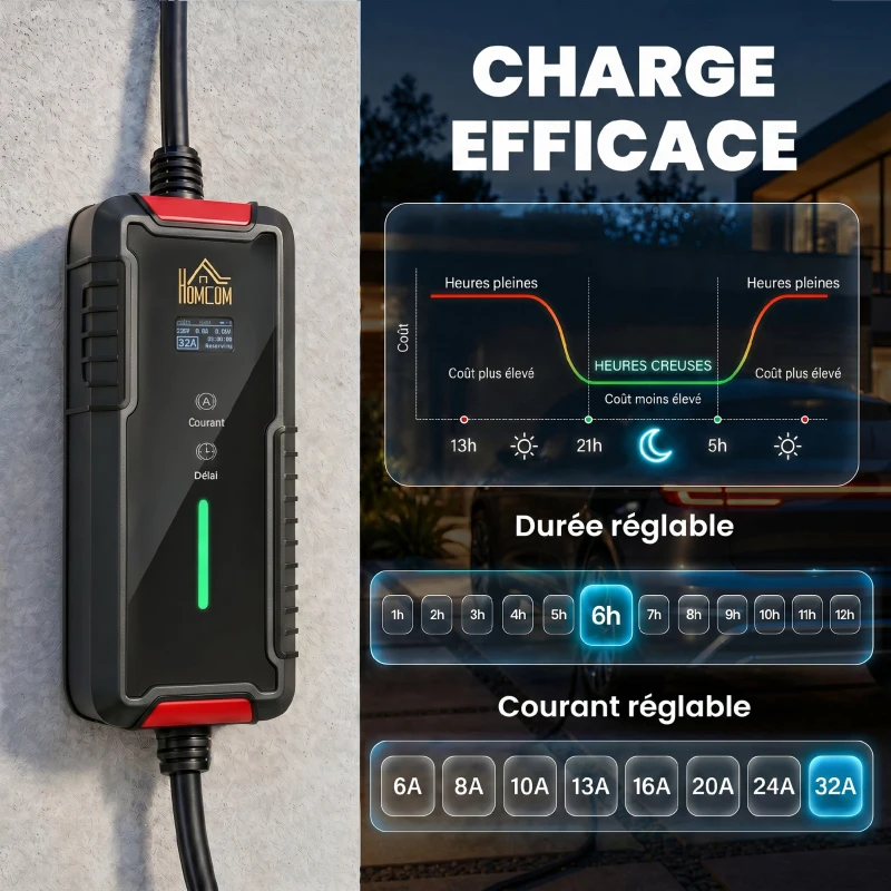 HOMCOM Chargeur Voiture Électrique Type 2, 7kW, 6-32A, 8m, Prise CEE, Adaptateur Européen, Écran LCD, IP65, 21x8,5x5cm, Noir
