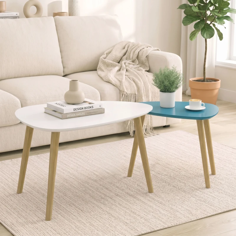HOMCOM Lot de 2 tables basses gigognes design scandinave pieds en bois et plateau en bois, blanc et bleu