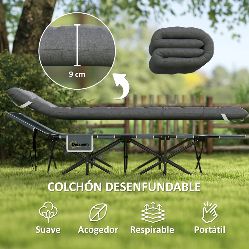 Outsunny Cama de Camping Plegable con Colchón Extraíble Reposacabezas y Bolsa de Transporte 186x68x37 cm Gris Oscuro
