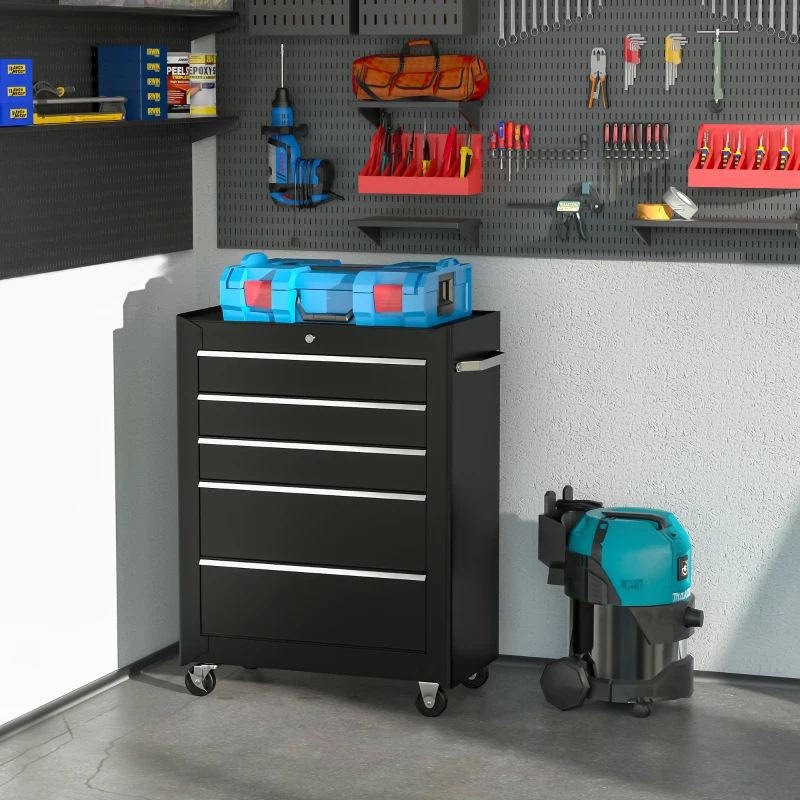 HOMCOM Chariot à outils sur roulettes, Servante d'atelier en acier 5 tiroirs verrouillable 2 clés, 61,5 x 33 x 82,5 cm, noir