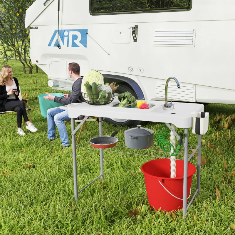 Outsunny Folding Fish Cleaning Table with Sinks, Portable Camping Sink Table with Faucet, Drainage Hose