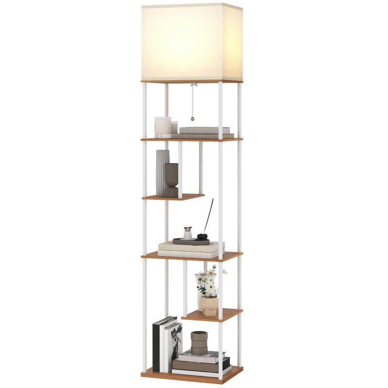 HOMCOM Candeeiro de Pé com Prateleiras Brilho e Temperaturas de Cor Ajustáveis 3000K-6500K e Temporizador 40x29x171 cm Branco e Madeira