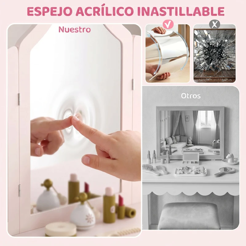 AIYAPLAY Tocador de Maquillaje Niñas con Taburete 3 Espejos Desmontables 2 Cajones 2 Armarios 7 Accesorios para +3 Años Rosa