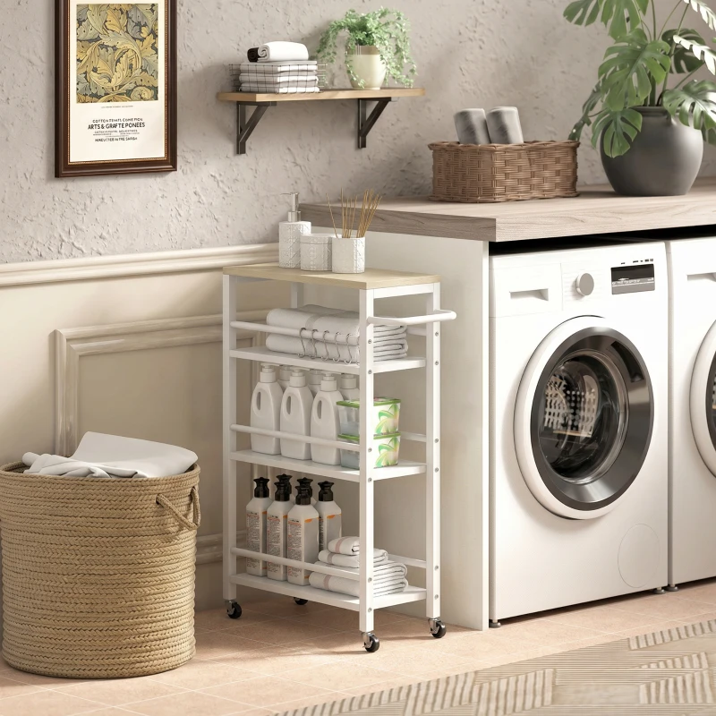HOMCOM Carrinho Auxiliar com Rodas 4 Níveis Carrinho de Cozinha com Toalheiro e 6 Ganchos para Sala de Jantar 50x20x81 cm Carvalho