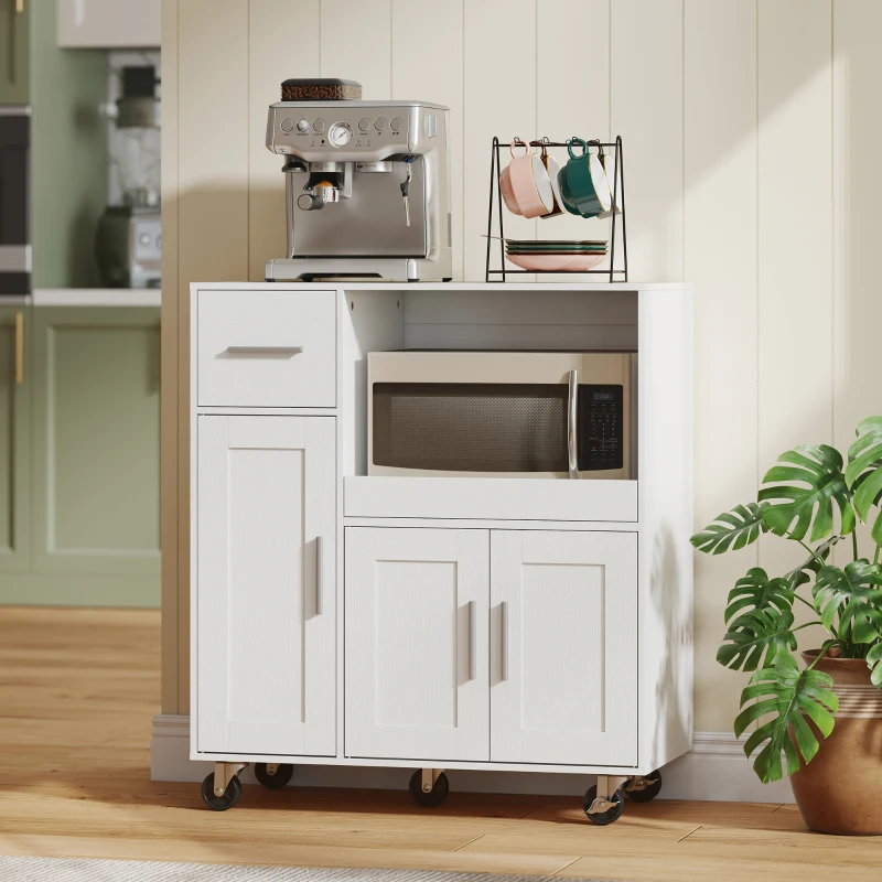 HOMCOM Rolling Kitchen Cart, Microwave Cabinet with Sliding Tray, Drawer, 3-Door Cupboards, Adjustable Shelf, White