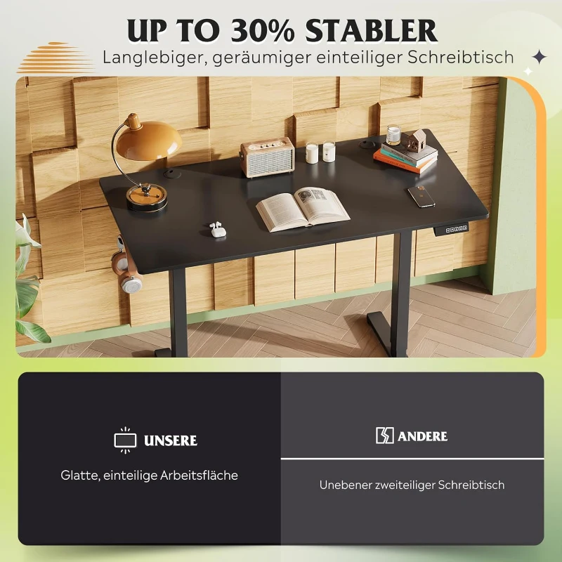 Elektrisch höhenverstellbarer Schreibtisch, 3 speicherbare Höhen für ergonomisches Sitz‑Steh‑Arbeiten, 120×60 cm, 72–118 cm, 120x60x72-118 cm, Schwarz
