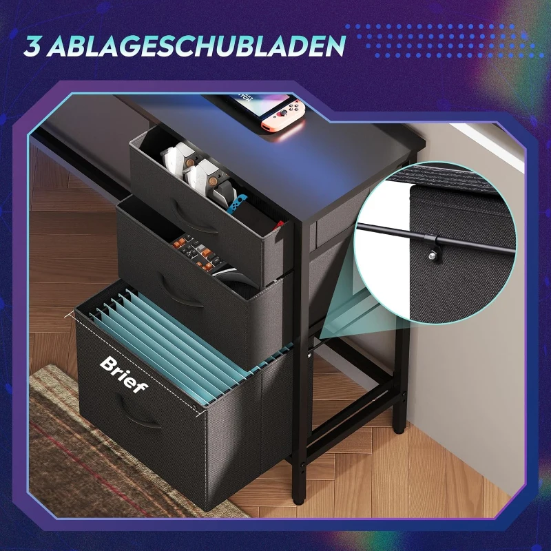 L-förmiger Gaming-Eckschreibtisch, stabiler Metallrahmen mit Holzplatte, 142x118x74.7 cm, Schwarz