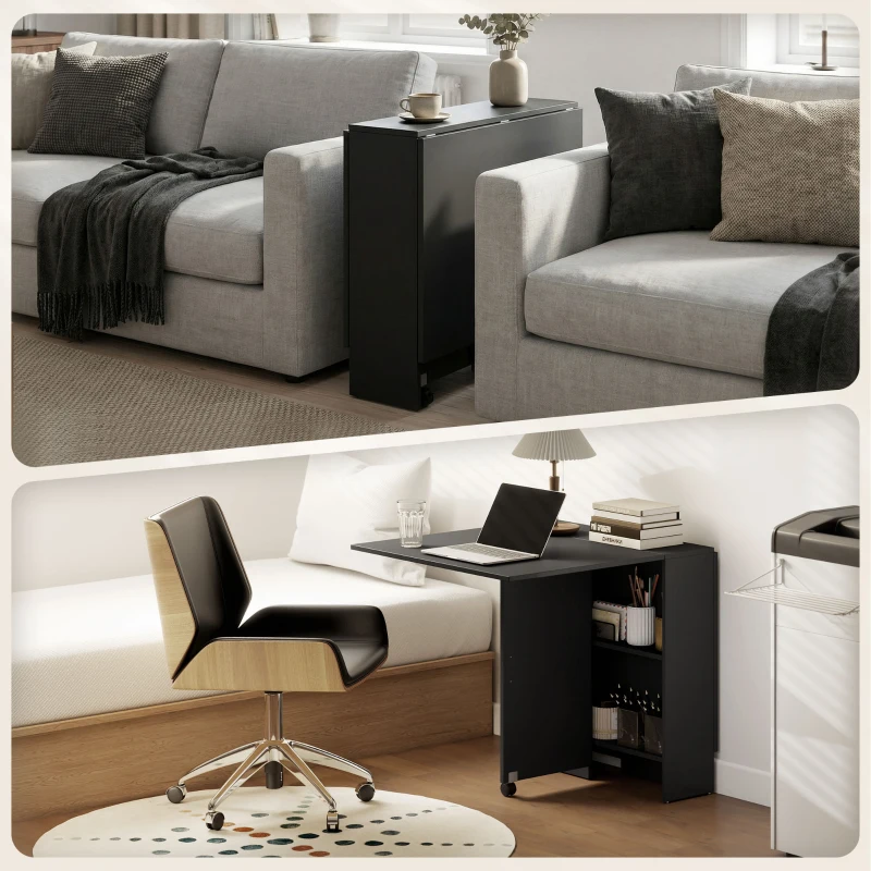 HOMCOM Mesa de Cocina Plegable con 2 Ruedas 2 Estantes de Almacenaje y 2 Alas Abatibles Estilo Moderno 75x140x74 cm Negro