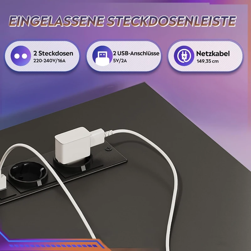 L-förmiger Eckschreibtisch, app‑steuerbare LED und integrierte Stromstation, 167.5x50x87.5 cm, Schwarz