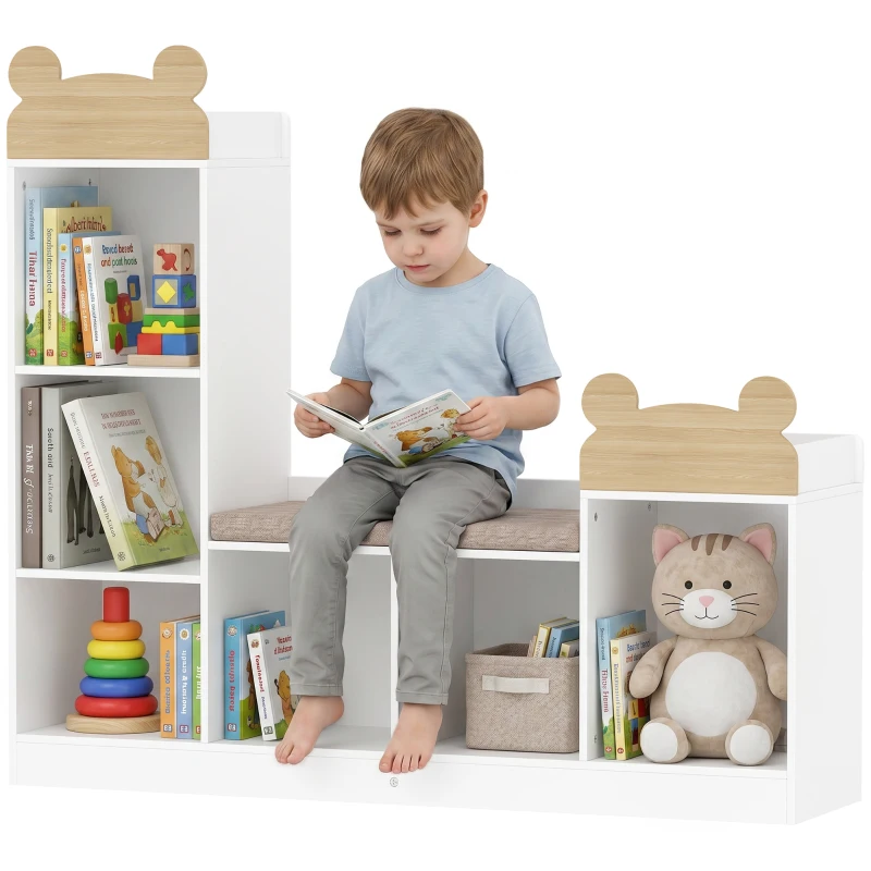AIYAPLAY Bibliotecă pentru copii, mobilier depozitare 3 în 1 cu bancă, 6 compartimente, 2 rafturi, pernă de șezut, Alb