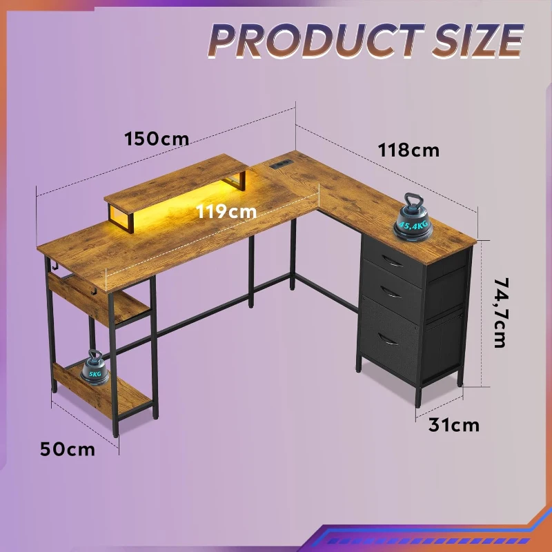 L-förmiger Gaming-Eckschreibtisch, stabiles Metallgestell & Holzplatte, einfache Montage, 150x50x87.5 cm, Braun