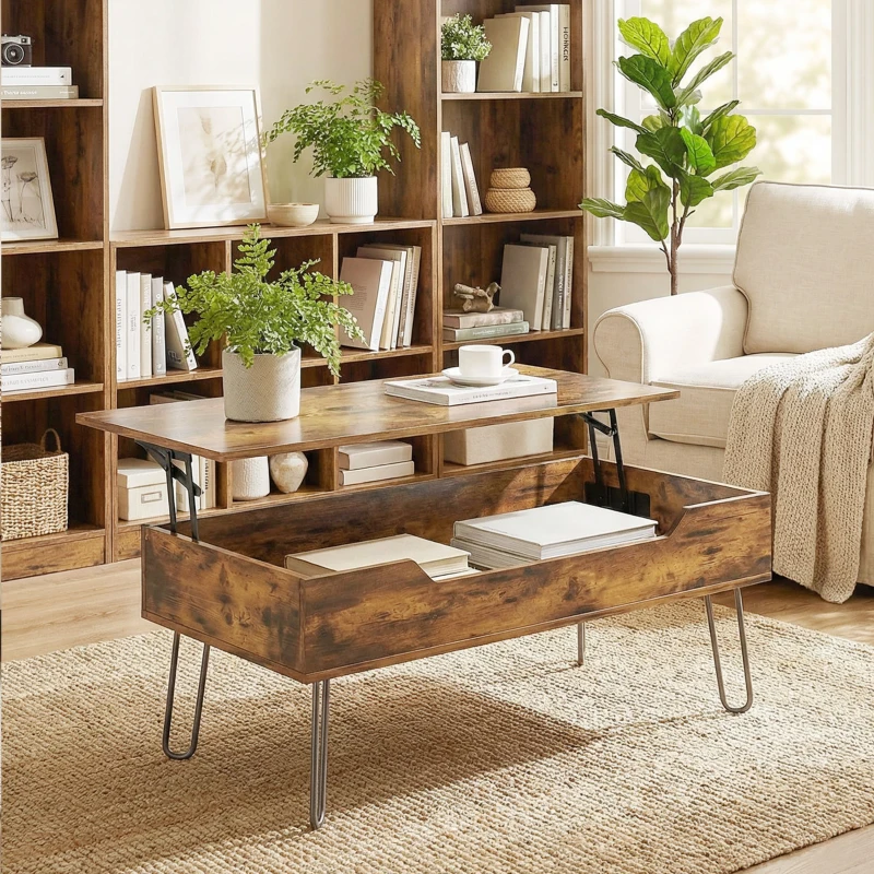 HOMCOM Mesa de Centro con Tapa Elevable Compartimento Oculto Patas de Acero 95x50x40 cm Marrón Rústico
