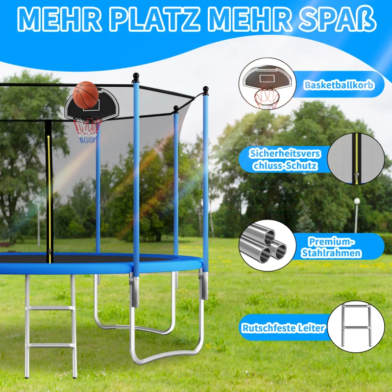 Trampolin Outdoor, verstärkten Beintraversen, doppelt gepolstertem Sicherheitsnetz, 366x366x256 cm, Blau