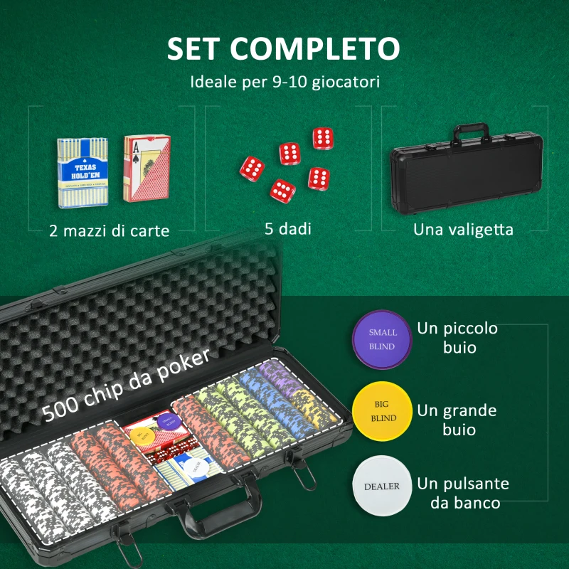 SPORTNOW Set Poker con 500 Fiches, 2 Mazzi di Carte, 5 Dadi, Pulsanti e Valigetta Protettiva in Alluminio Nero
