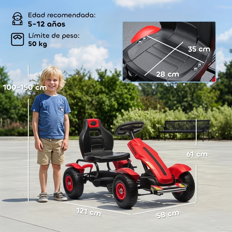 HOMCOM Go Kart a Pedales para Niños con Asiento Ajustable Neumáticos de Goma Freno de Mano Carga 50 kg 121x58x61 cm Rojo